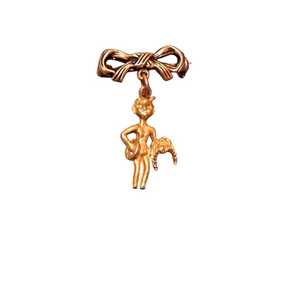 Vintage Devil or Angel Charm Brooch Bow Top Gold Tone - Picture 1 of 5